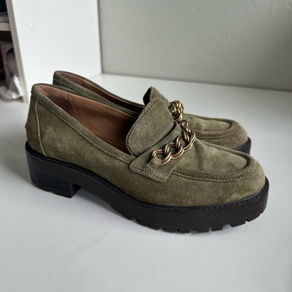 Sam Edelman army green Taelor Lug Sole loafers suede with gold chain - Picture 1 of 5